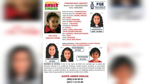 Buscan a la niña Ana Lucía desaparecida en 2022 en Los Mochis, Sinaloa; FGE se actualiza con retratos de progresión de edad y cambios de peso
