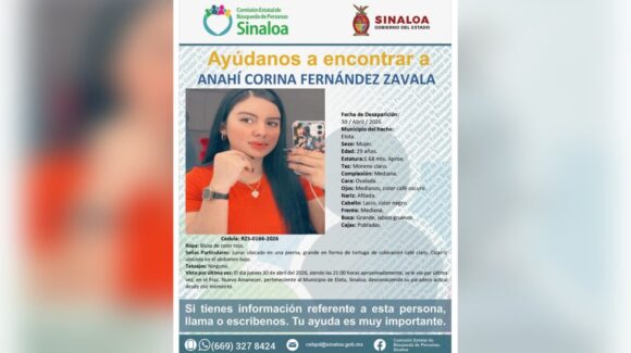 Activan ficha de búsqueda para localizar a Anahí Corina Fernández Zavala, desaparecida en Elota, Sinaloa