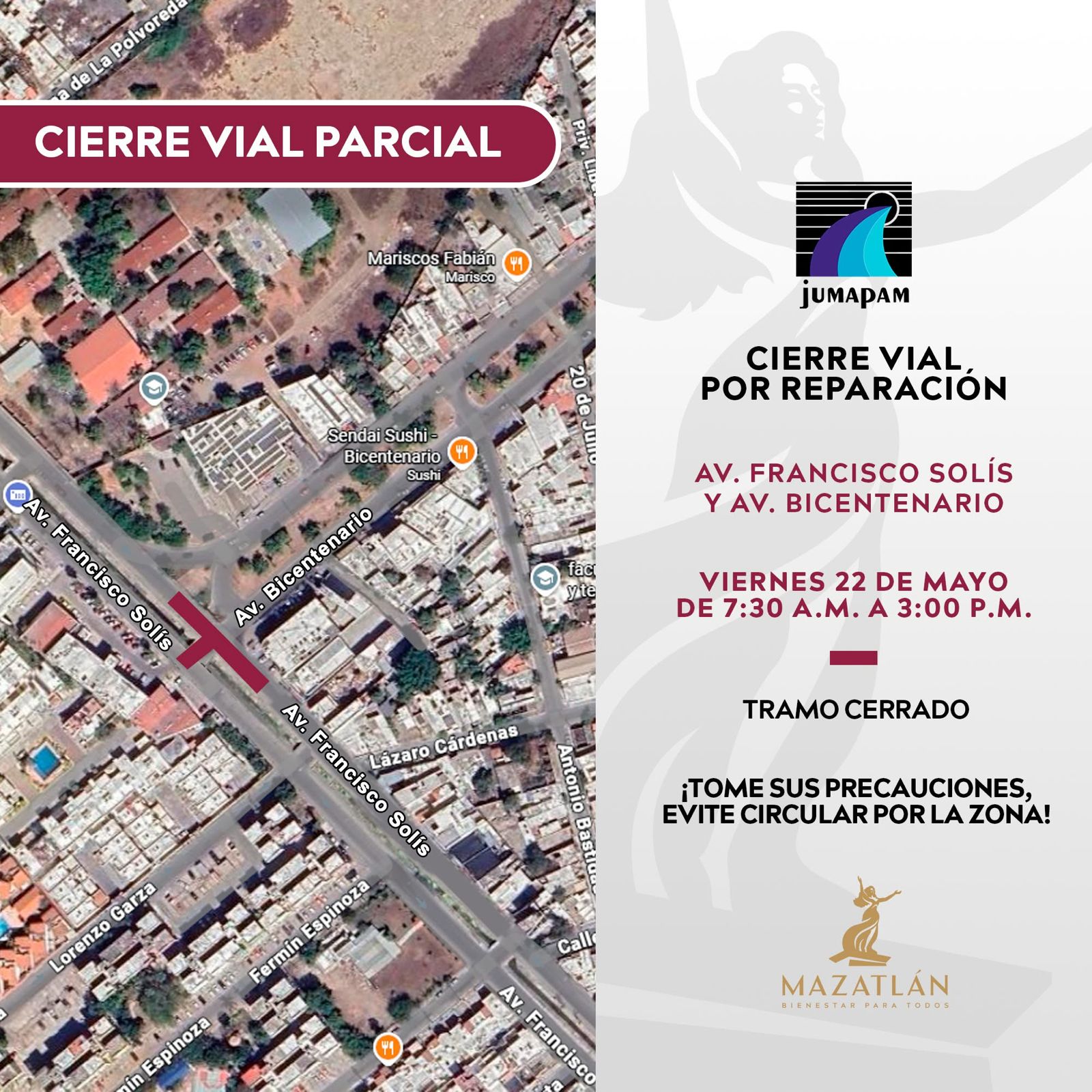 Aviso Jumapam cierre de calles Mazatlán