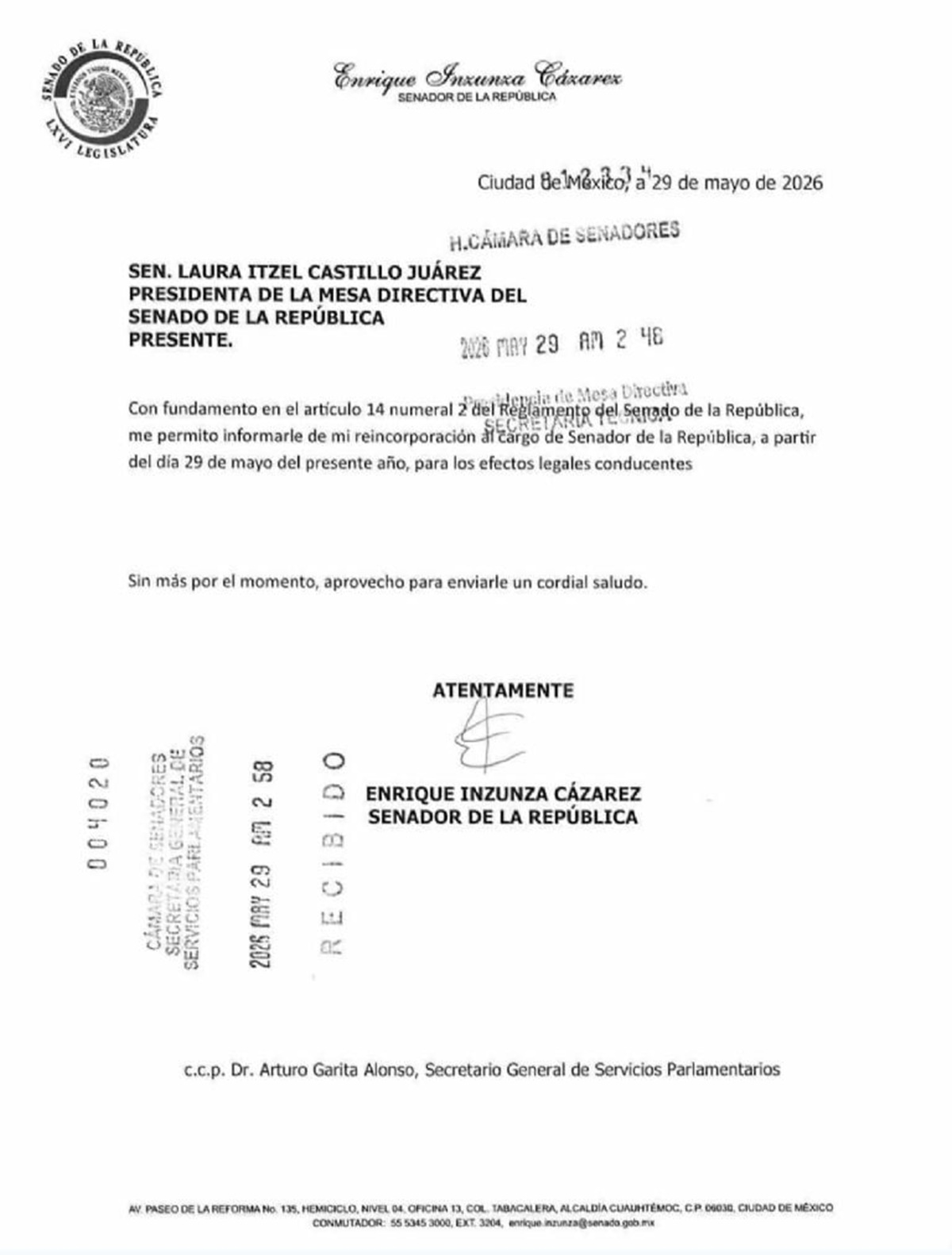 Carta de Enrique Inzunza Cázares sobre su regreso al Senado