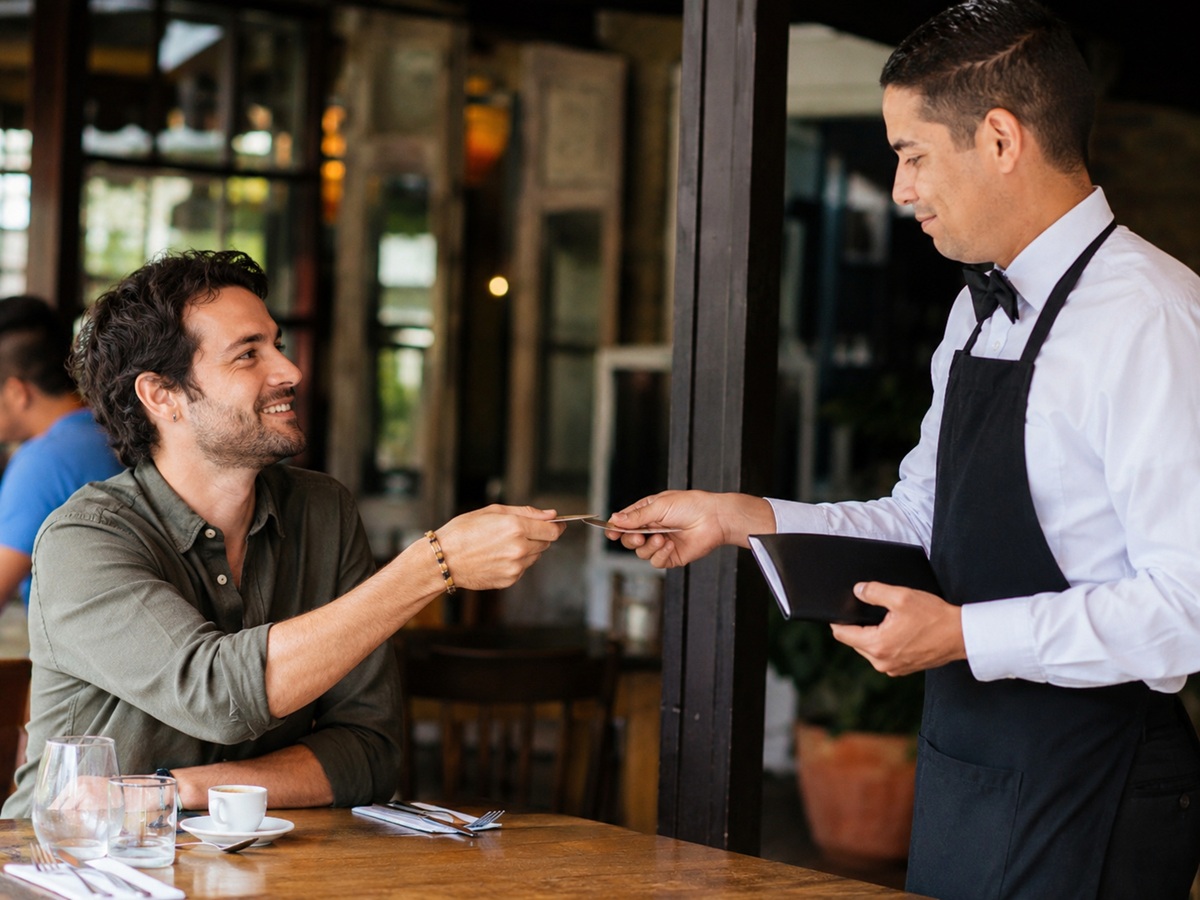Propina. Comensal entregando tarjeta a mesero
