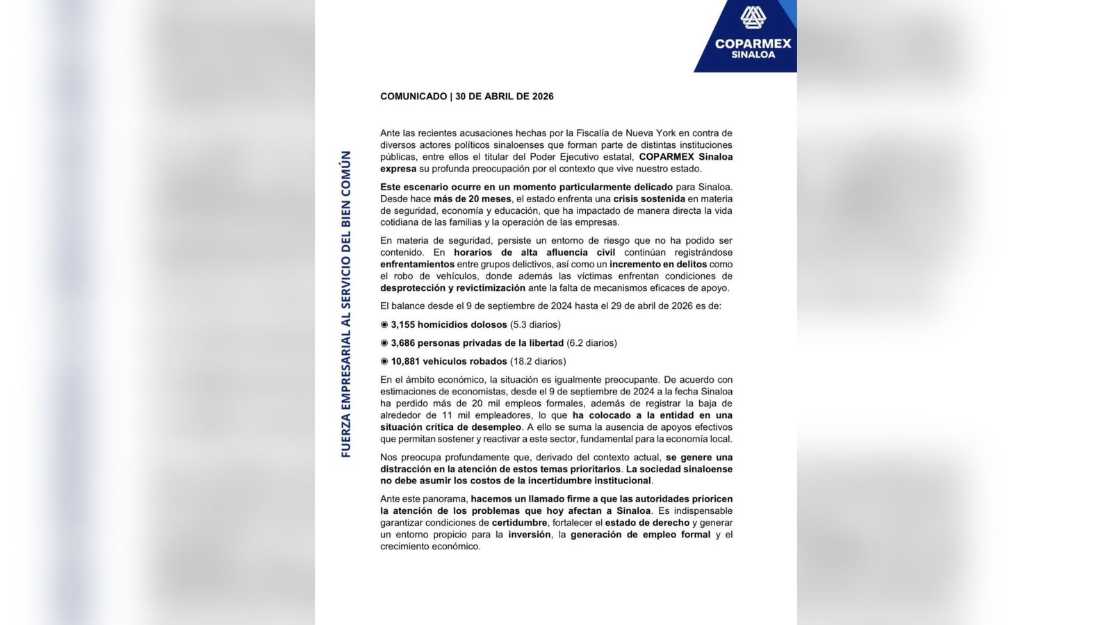 “Es indispensable garantizar certidumbre para la inversión”: COPARMEX Sinaloa ante señalamientos de EU contra Rocha
