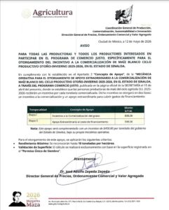 Comunicado de Agricultura sobre pago a productores de maíz en Sinaloa