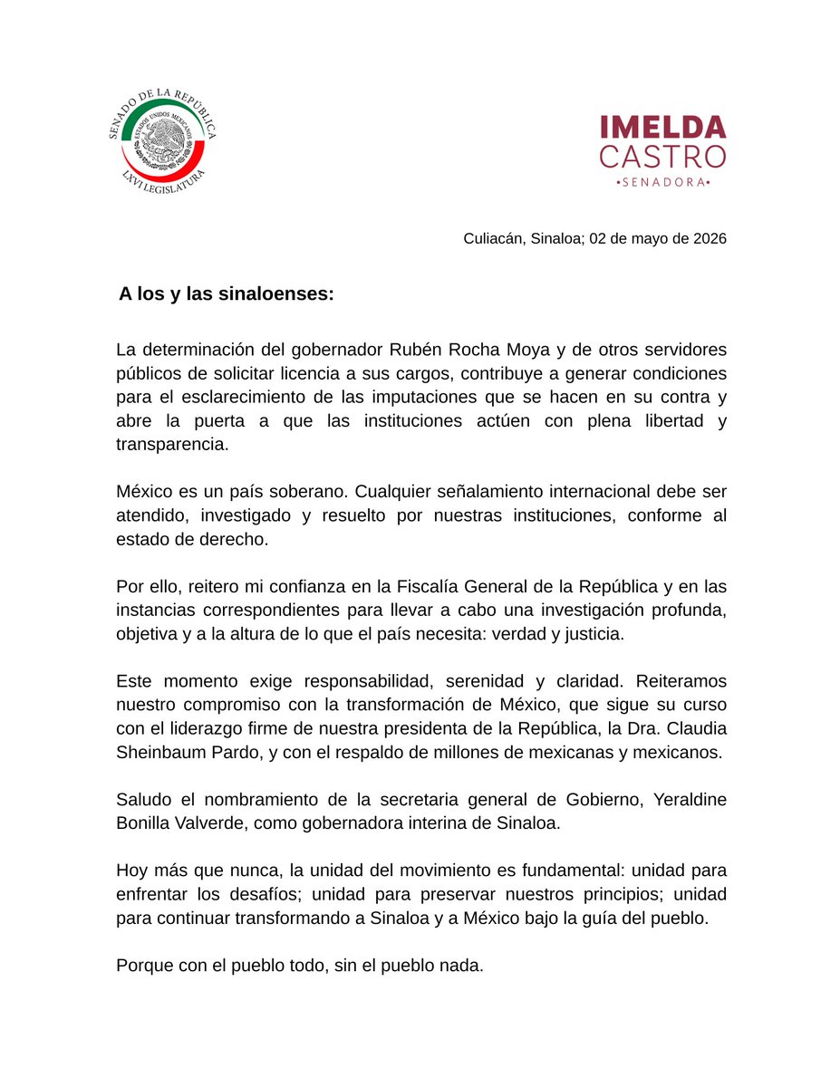 Comunicado de Imelda Castro
