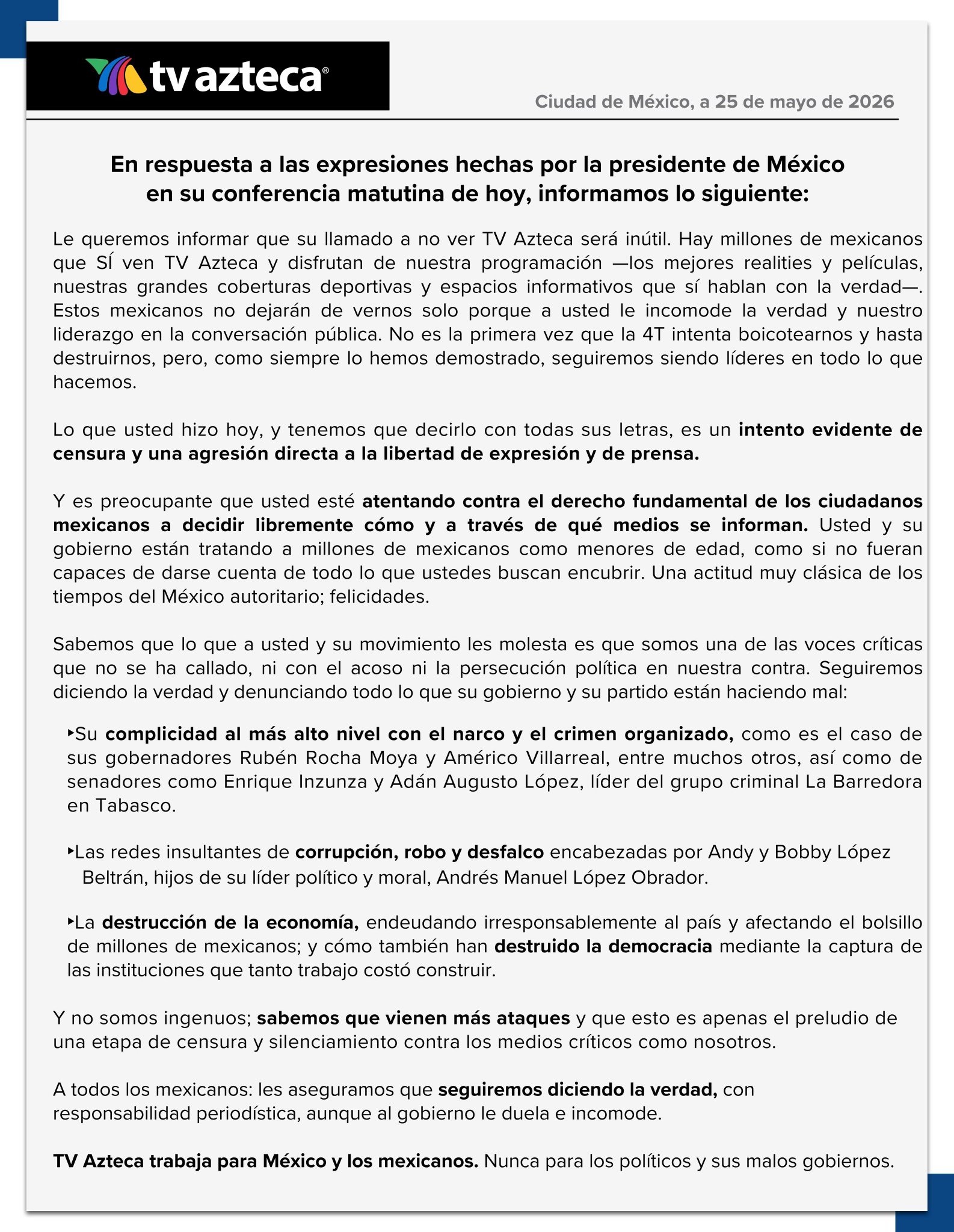Comunicado de TV Azteca