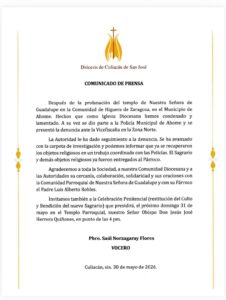 Comunicado de la Diócesis de Culiacán por robo en templo de Nuestra Señora de Guadalupe, en Higuera de Zaragoza, Ahome
