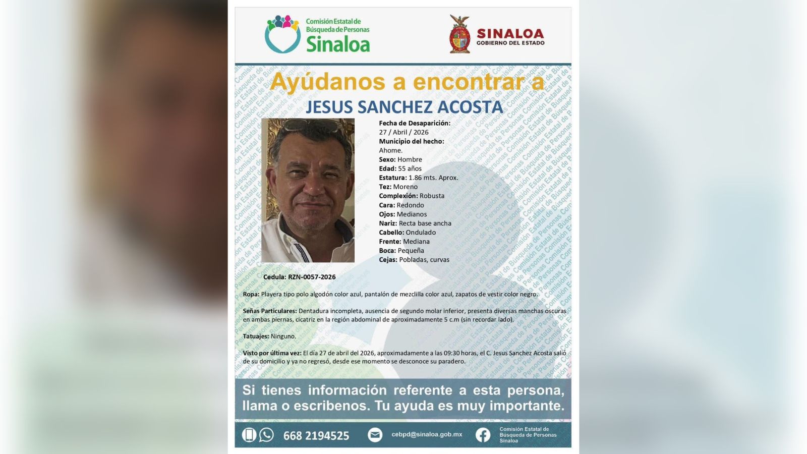 Buscan a Jesús Sánchez Acosta desaparecido en Ahome, Sinaloa