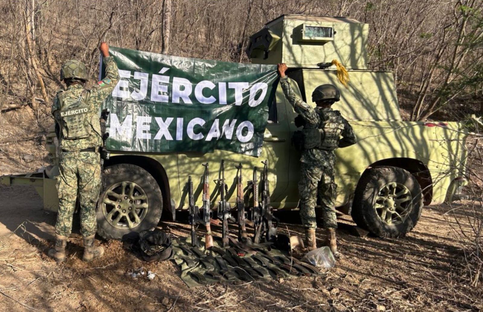 Aseguran armamento, vehículo con blindaje artesanal y destruyen campamento de marihuana en Cosalá