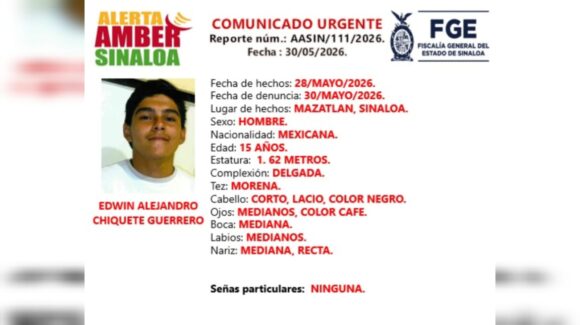 Activan Alerta Amber por desaparición de Edwin Alejandro, de 15 años de edad, en Mazatlán