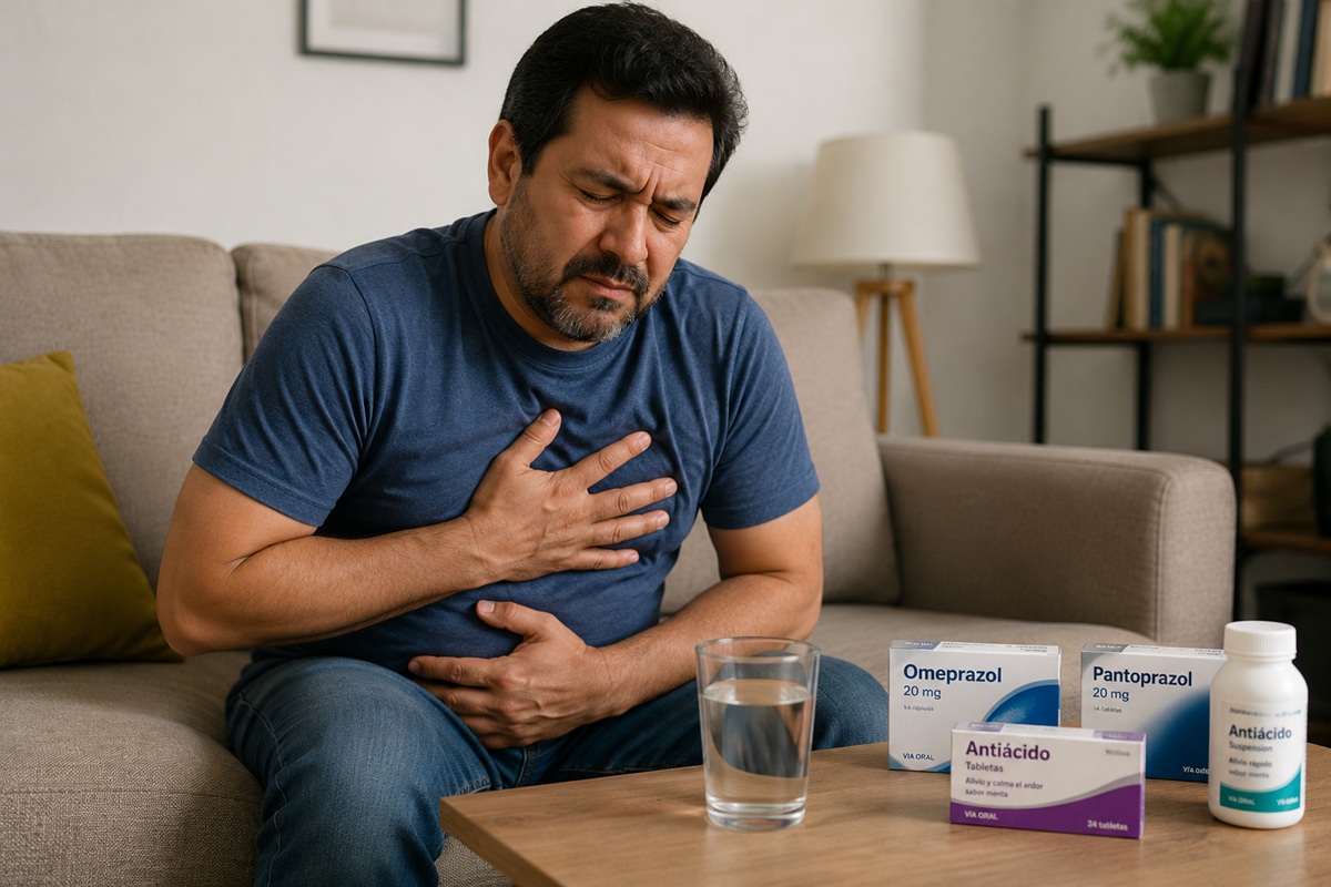 Hombre adulto con síntomas de reflujo y medicinas