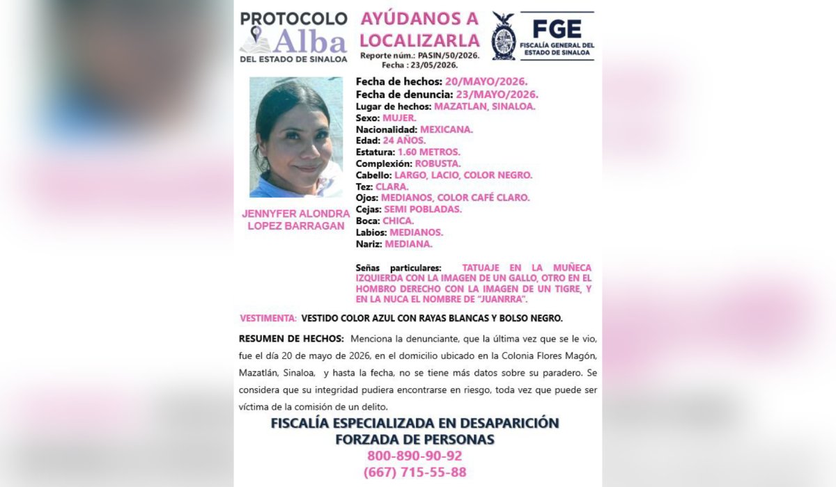 Jennyfer Alondra Barragán, desaparecida en Mazatlán