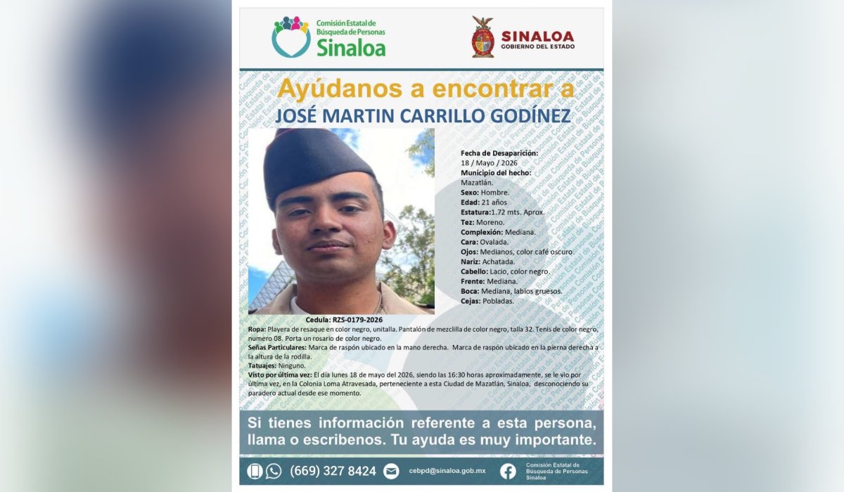 José Martín Carrillo Godínez, desaparecido en Mazatlán