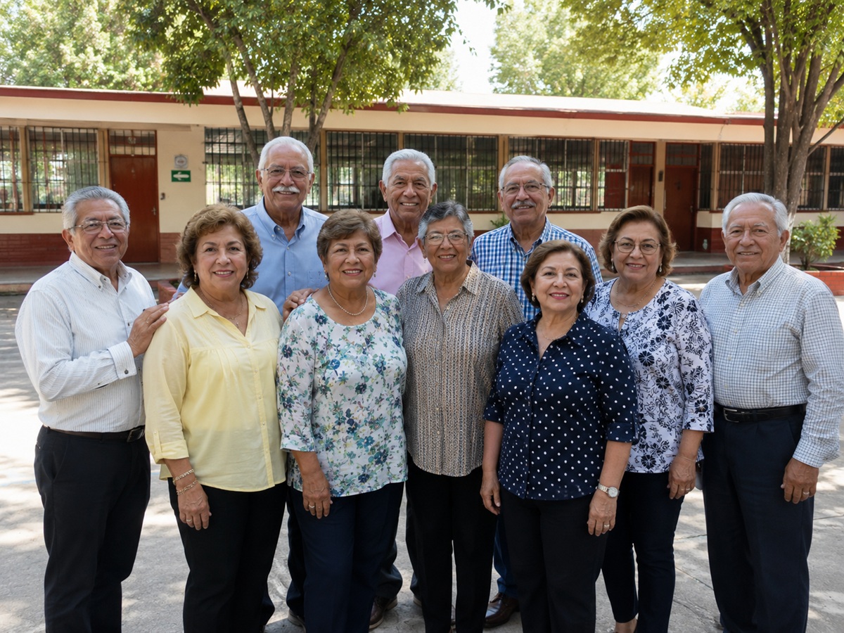 Maestros jubilados en el patio de una escuela