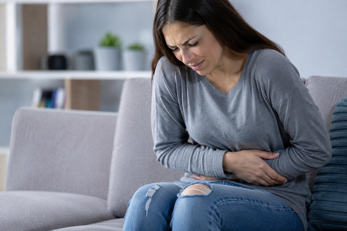 Mujer con dolor en el estómago por enfermedad celiaca