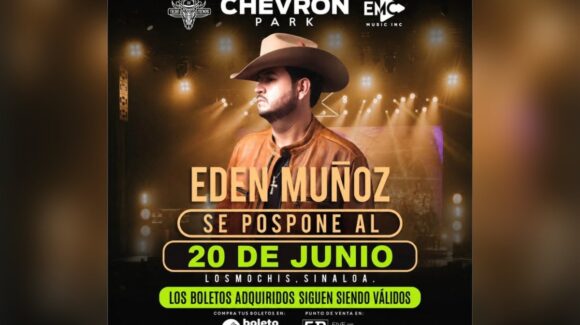 Nueva fecha será el 20 de junio para el concierto de Edén Muñoz en Los Mochis, confirma CEO de Five Brothers