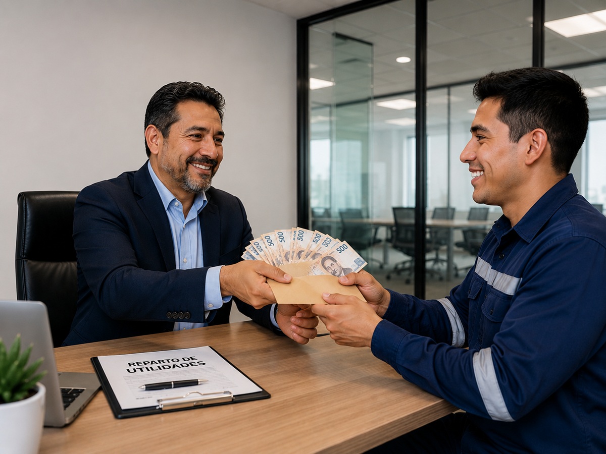 Jefe pagando utilidades a su empleado