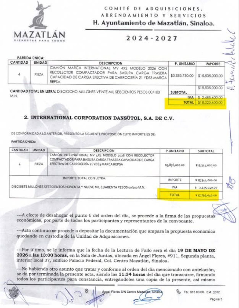 Recibo del Comité de Adquisiciones por compra de 4 camiones recolectores de basura en Mazatlán
