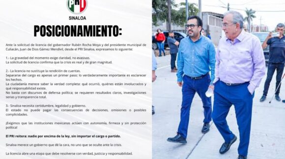 “La licencia no sustituye la rendición de cuentas”: PRI Sinaloa ante licencias del cargo de Rocha Moya y Gámez Mendívil