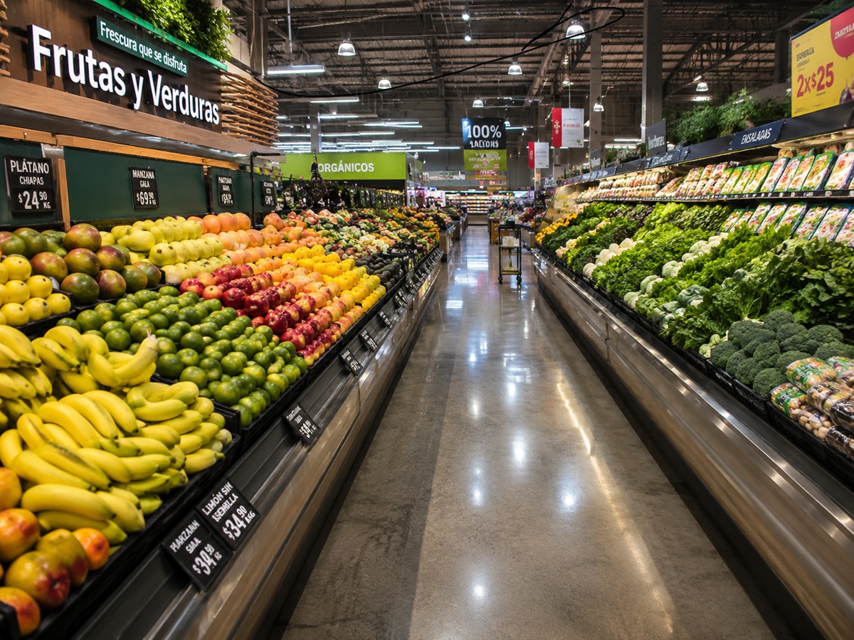 Pasillo de frutas y verduras de supermercado