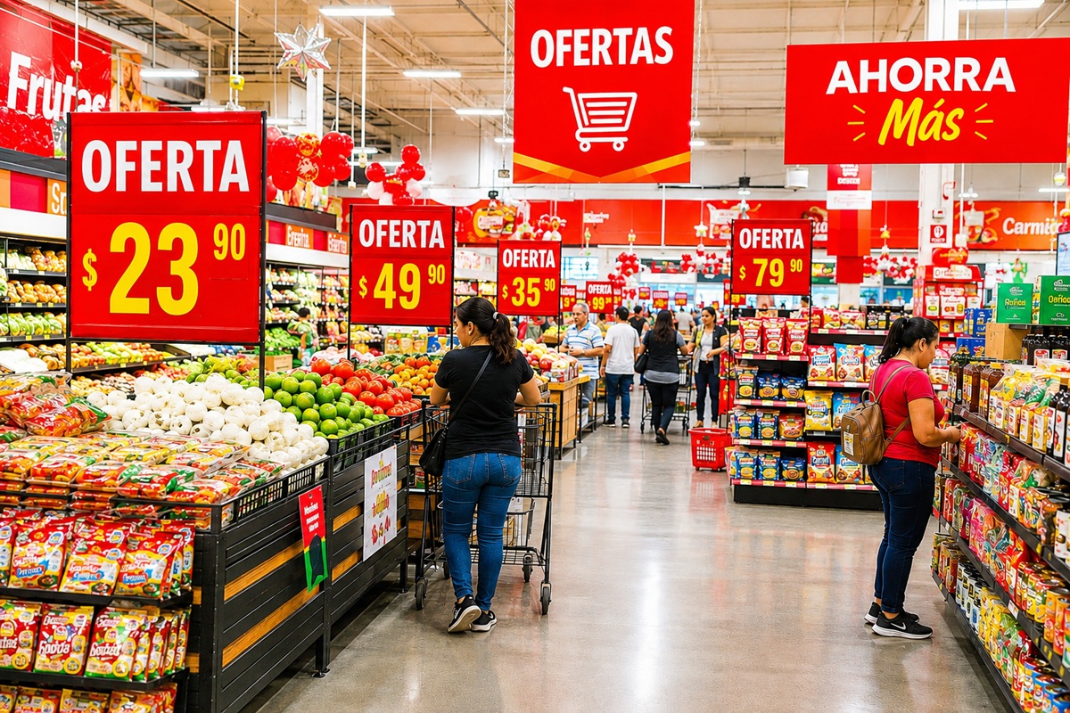Supermercado con letreros de descuentos. Ofertas Casa Ley