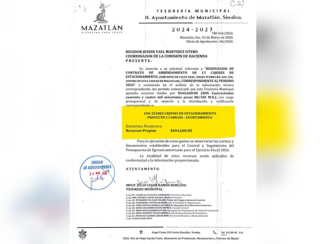 Autorizan en Mazatlán, Sinaloa casi medio millón de pesos en renta de estacionamientos para regidores 2