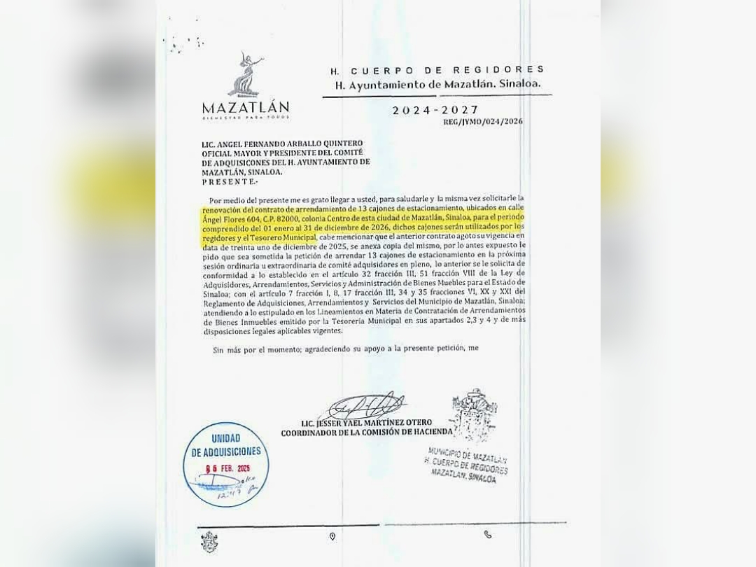 Autorizan en Mazatlán, Sinaloa casi medio millón de pesos en renta de estacionamientos para regidores 2