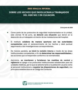 Confirma IMSS detención de enfermero por robo de medicamento en Culiacán; inician revisión y medidas de control interno