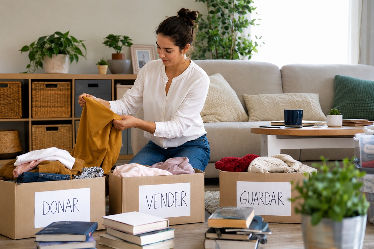 Mujer ordenando objetos en su casa