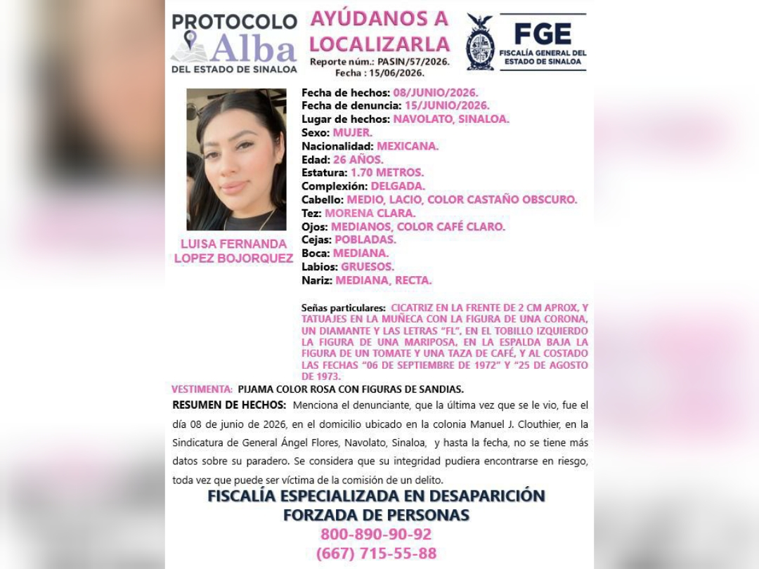 Protocola Alba por mujer desaparecida en La Palma, Navolato