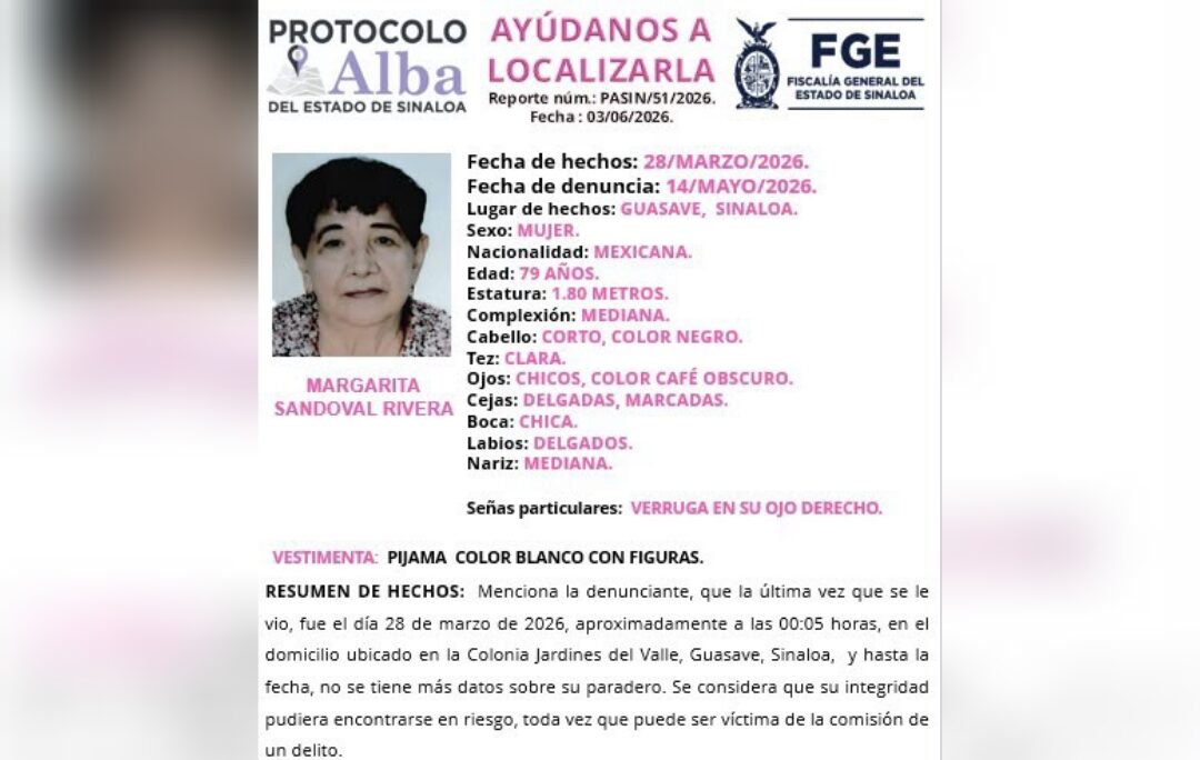 Reportan como desaparecida a adulta mayor en Guasave