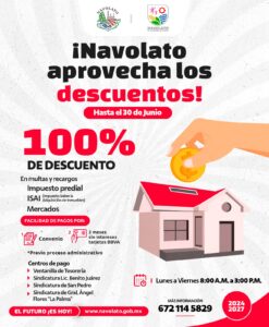Se extiende durante todo junio el descuento del 100 por ciento en multas y recargos del Predial y Zona Federal en Navolato