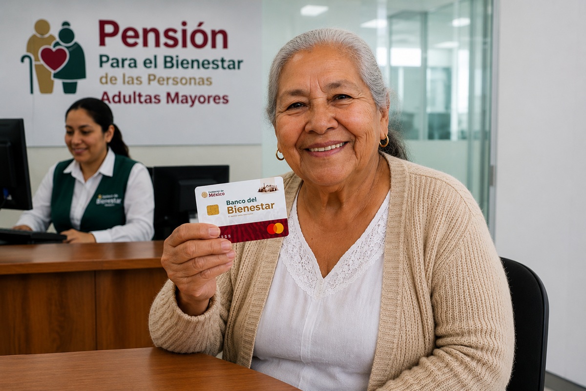 Adulta mayor con su tarjeta del Bienestar para el pago de su Pensión