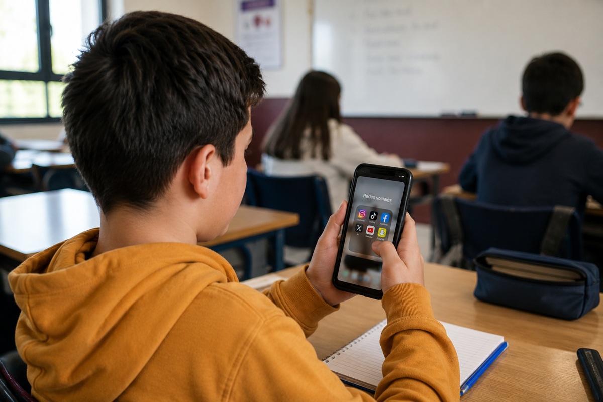 Adolescente viendo redes sociales en su celular, en la escuela
