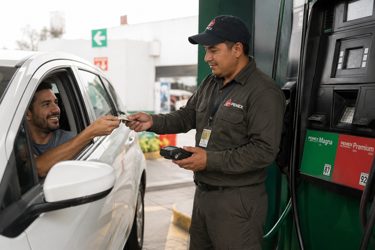 Automovilista pagando con tarjeta a despachador de gasolina