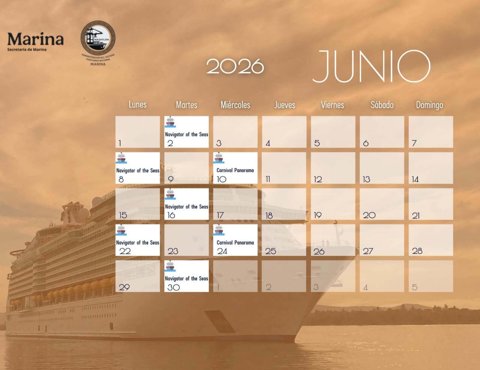Calendario de junio cruceros en Mazatlán
