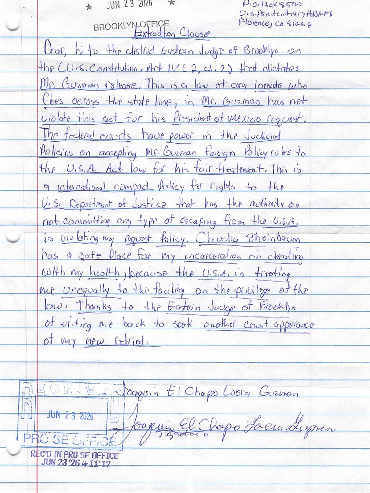 Carta de 'El Chapo' del 23 de junio de 2026