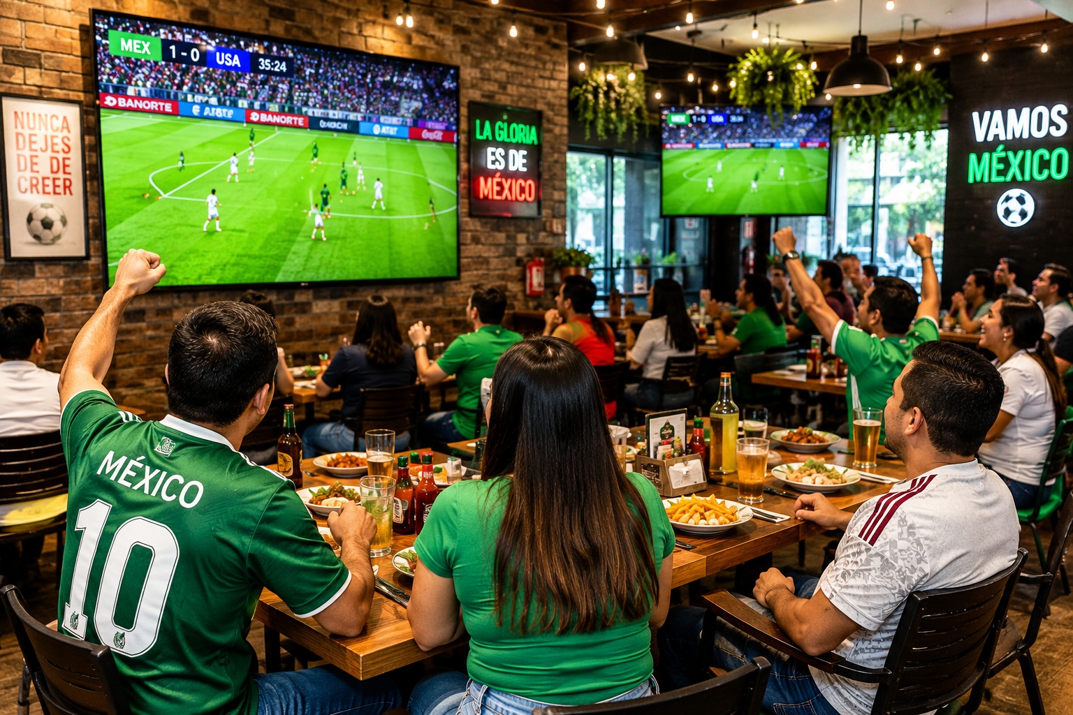 Comensales en restaurante viendo partido de futbol