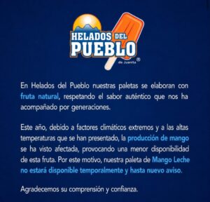 Comunicado Helados del Pueblo sobre su paleta de mango leche