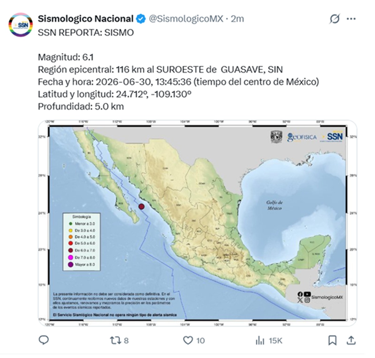 Datos del Sismológico sobre sismo en Guasave