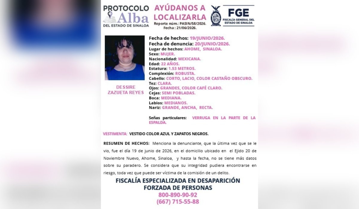 Dessire Zazueta Reyes, desaparecida en Ahome, Sin.