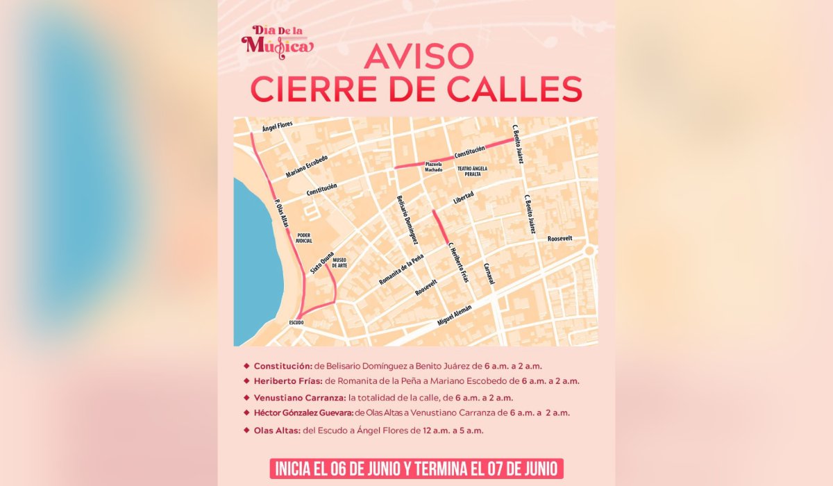 Cierre de vialidades por el Día de la Música en Mazatlán