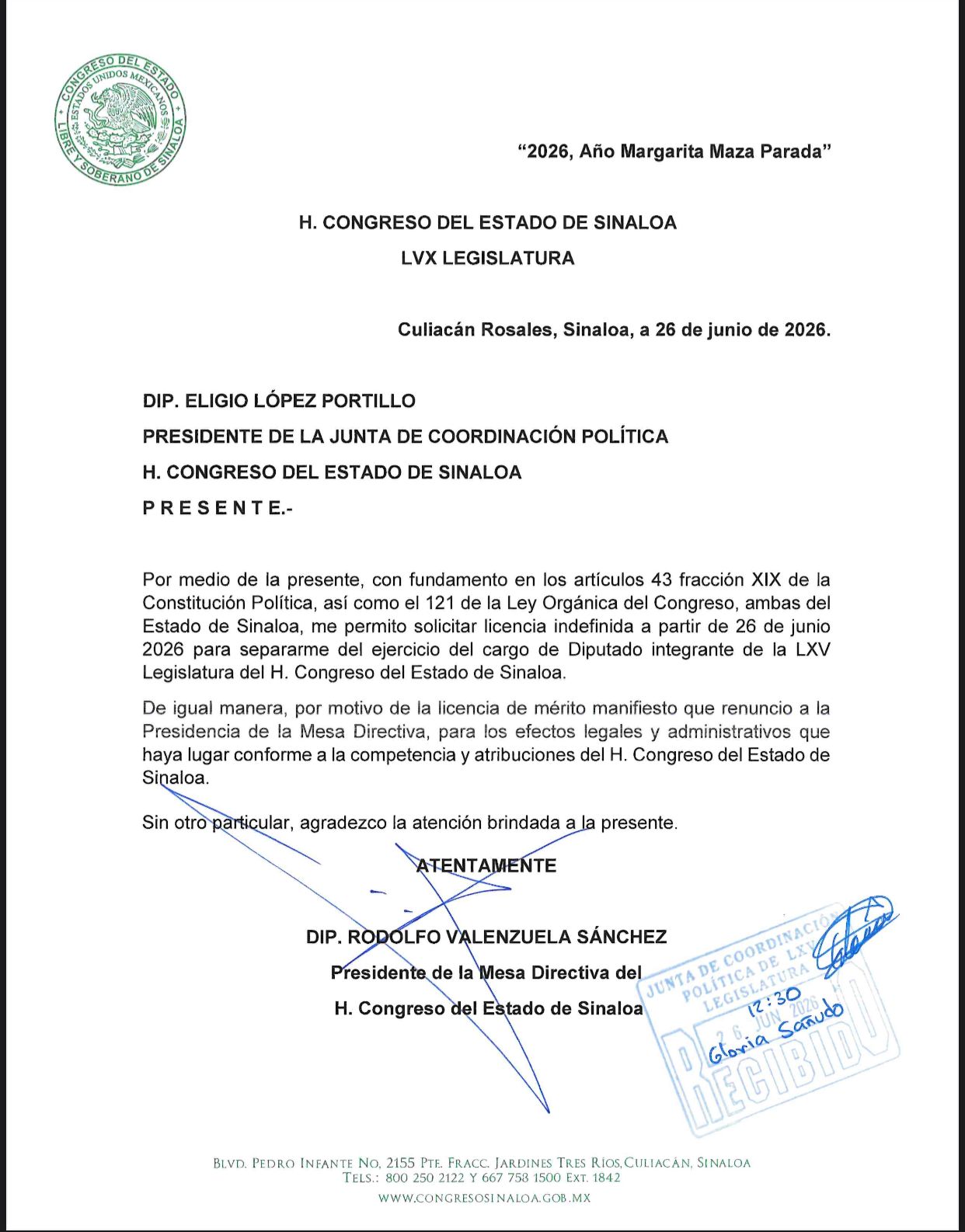 documento presentado por el diputado ante el presidente de la Junta de Coordinación Política, Eligio López
