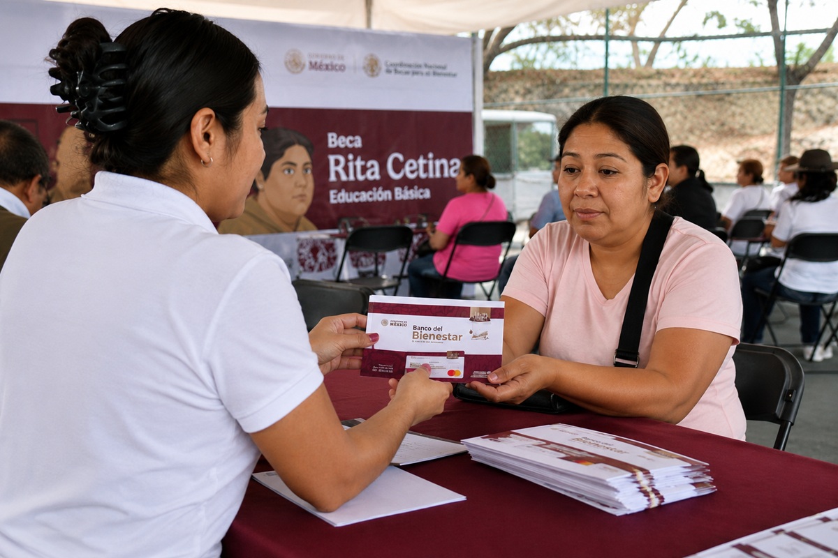 Entrega de tarjeta del Banco de Bienestar a beneficiaria de la Beca Rita Cetina