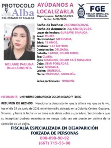 Activa Protocolo Alba por la desaparición en Guasave de la joven Melanie Paulina