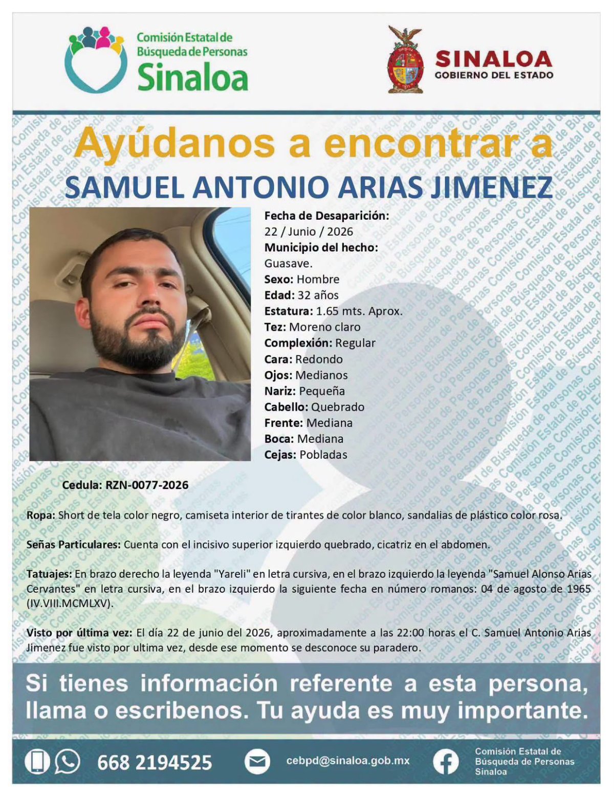Ficha de búsqueda de Samuel Antonio Arias Jiménez