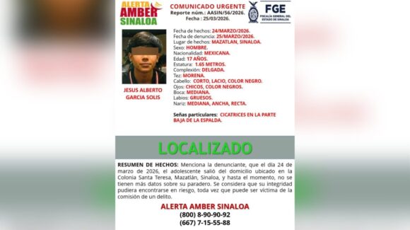 Localizan sano y salvo a adolescente reportado desaparecido en Mazatlán, Sinaloa