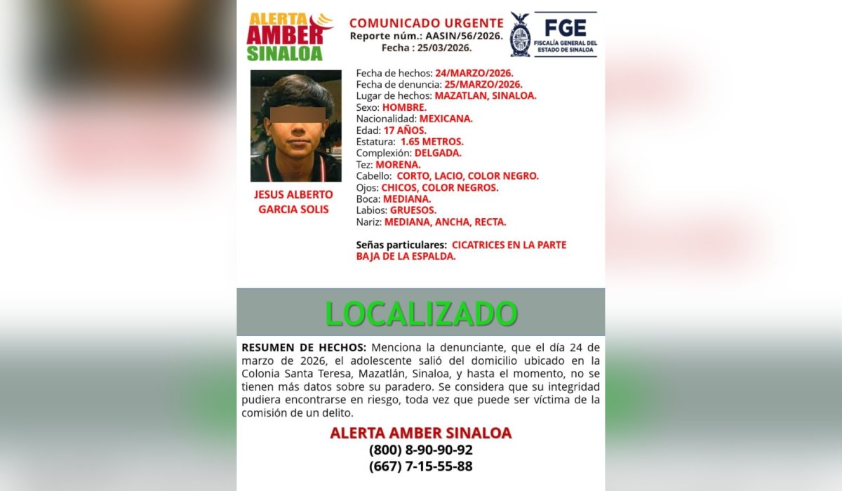 Jesús Alberto García Solís, localizado en Mazatlán