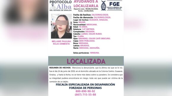 Localizan sana y salva a Melanie Paulina en Guasave, Sinaloa