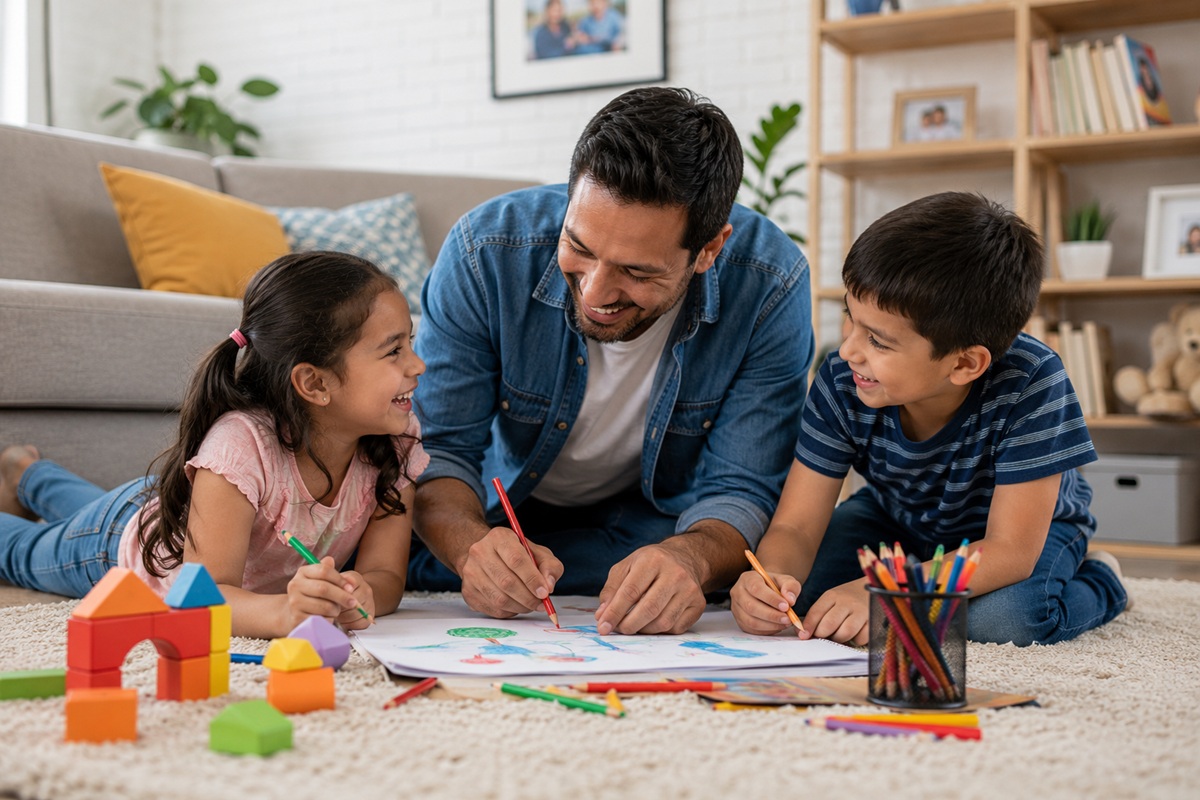 Joven papá conviviendo con sus hijos