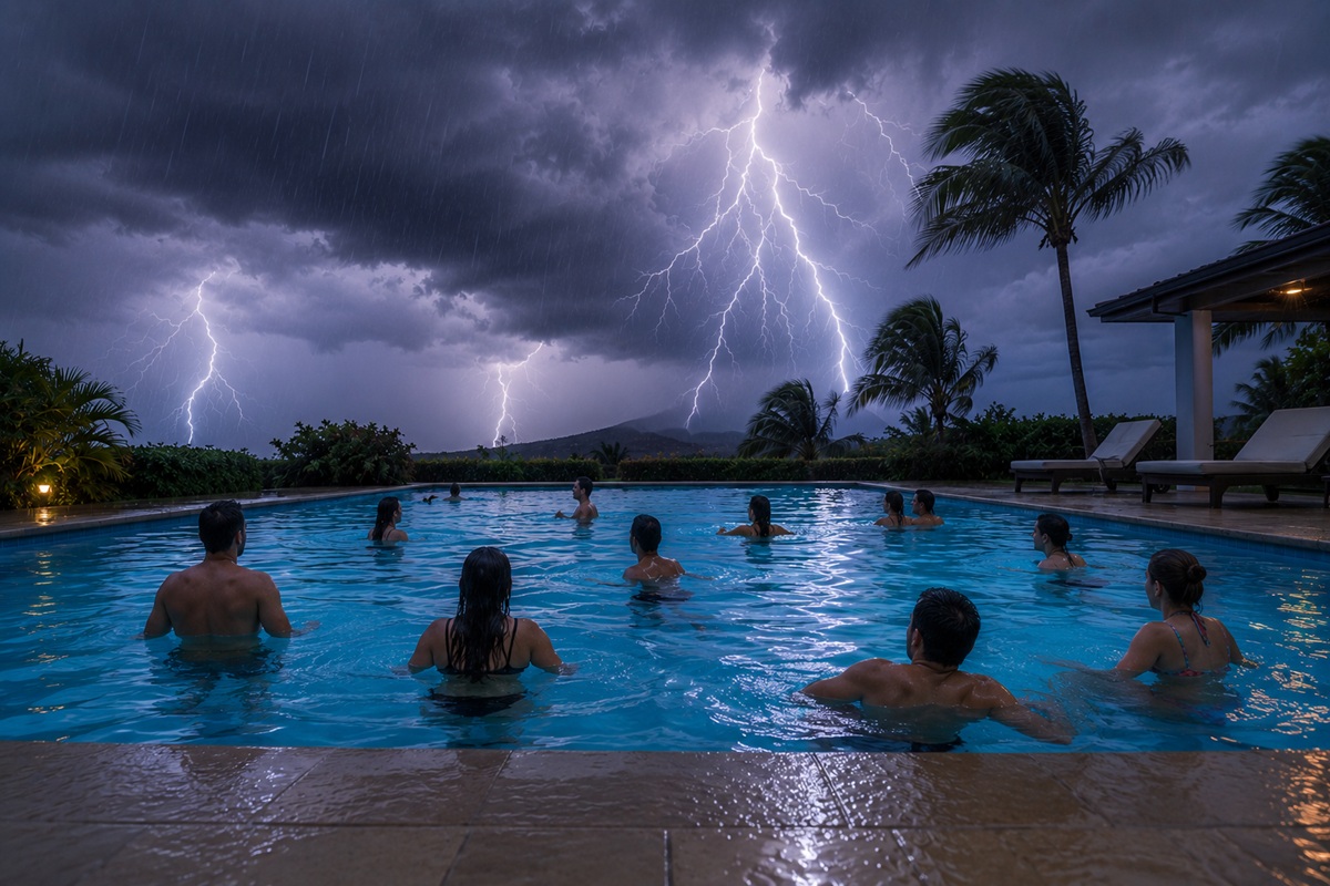 Jóvenes dentro de una alberca durante una tormenta eléctrica